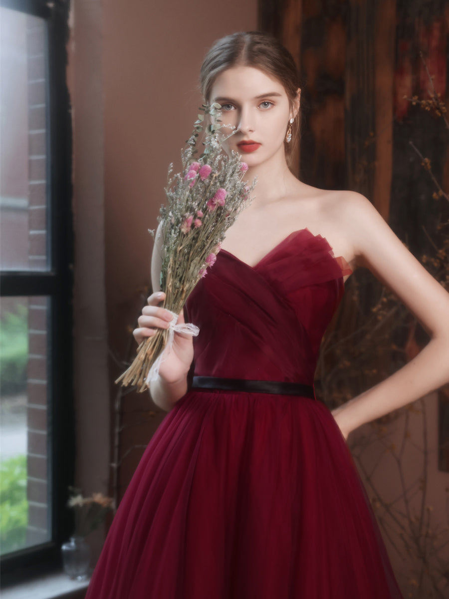 A-Line Burgundy Strapless Sweetheart Floor-Length Tulle Prom Dress with Asymmetrical Ruffle Bodice