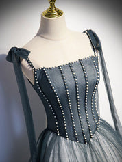 A-Line Dusty Blue Square Neck Floor-Length Tulle Prom Dress with Beaded Corset Bodice