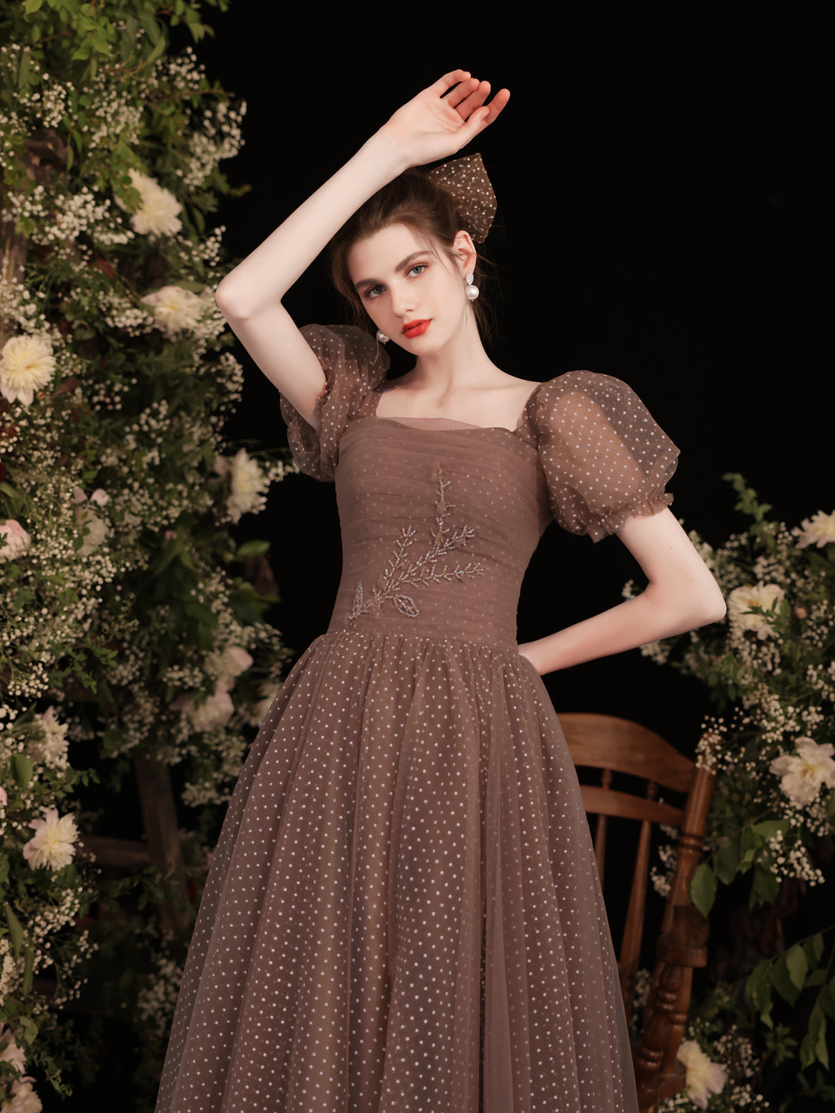A-Line Square Neck Floor-Length Mocha Polka Dot Tulle Prom Dress with Puff Sleeves