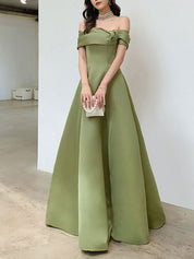 Sage Green A-Line Off-the-Shoulder Floor-Length Satin Prom Dress with Draped Bow Detail