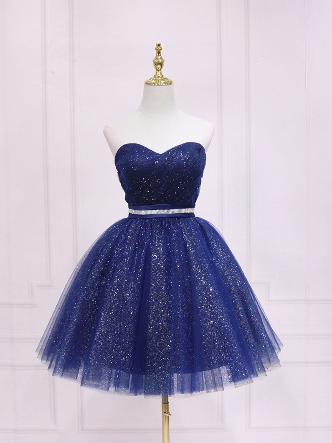 Navy A-Line Sweetheart Neck Short/Mini Tulle Homecoming Dress with Glitter Finish