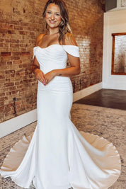 Mermaid Off-the-Shoulder Floor-Length Satin Wedding Dress with Draped Bodice and Train