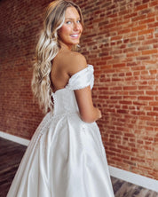 A-Line Off-the-Shoulder Floor-Length Satin Wedding Dress with Corset Bodice