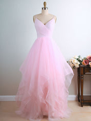 A-Line V-Neck Floor-Length Blush Pink Tulle Layered Prom Dress