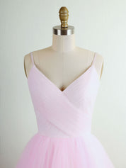 A-Line V-Neck Floor-Length Blush Pink Tulle Layered Prom Dress