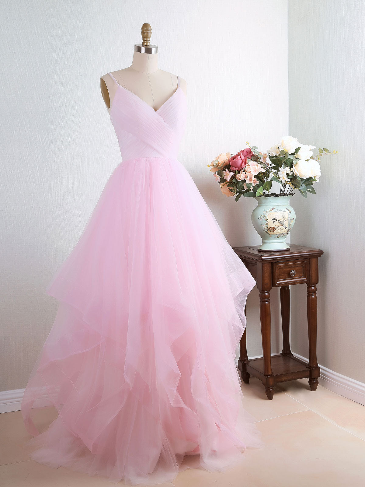 A-Line V-Neck Floor-Length Blush Pink Tulle Layered Prom Dress