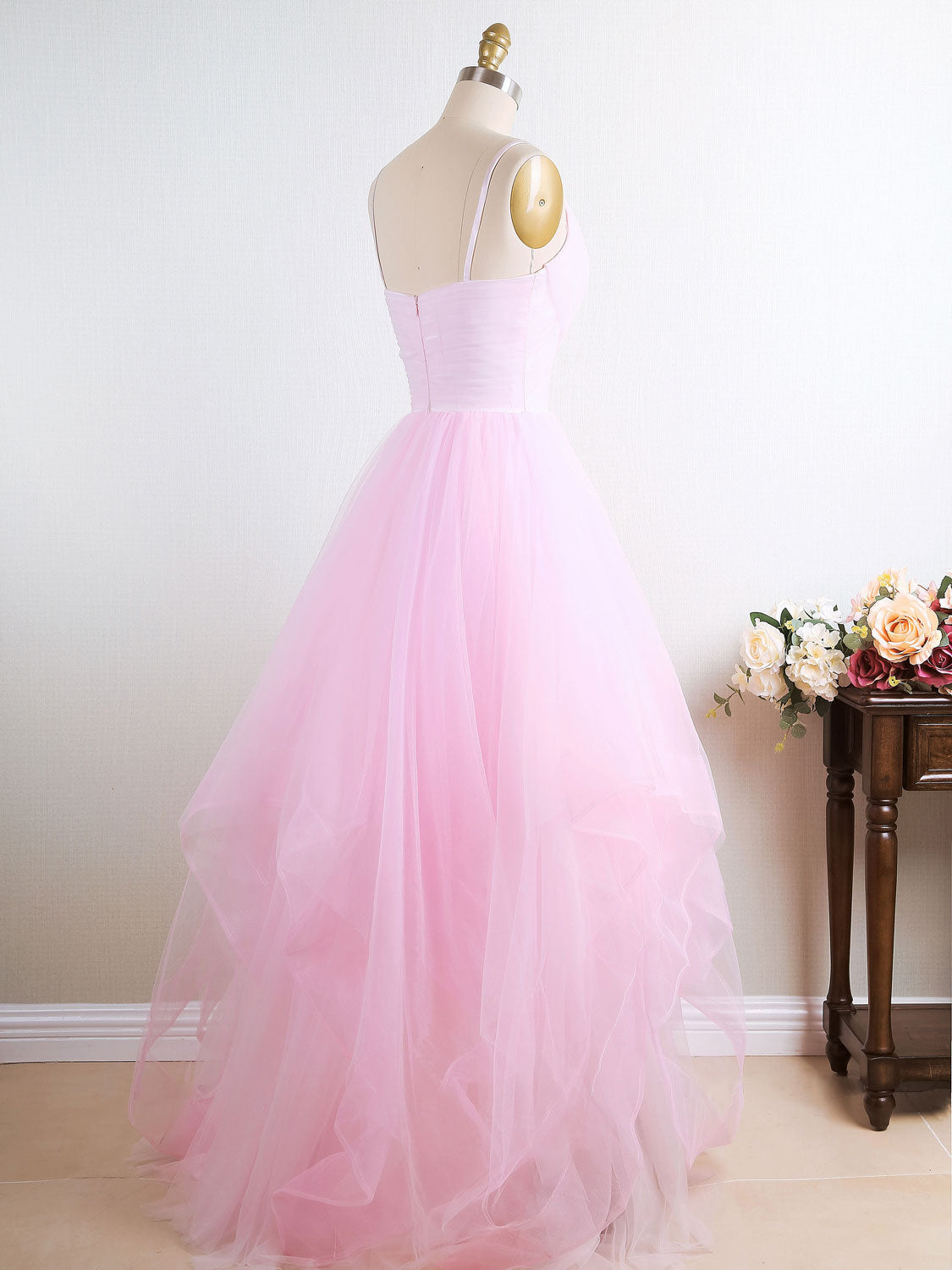 A-Line V-Neck Floor-Length Blush Pink Tulle Layered Prom Dress