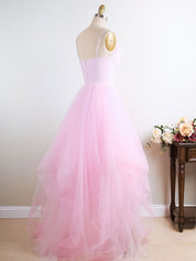 A-Line V-Neck Floor-Length Blush Pink Tulle Layered Prom Dress