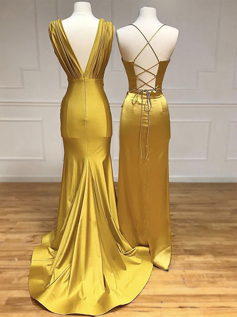 Simple Satin Gold Long Prom Dress, Gold Satin Long Formal Dress