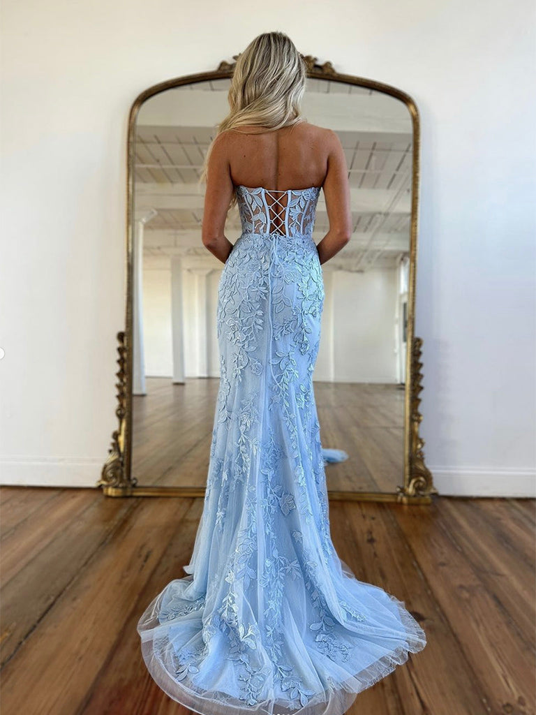 Blue Tulle Lace Mermaid Long Prom Dress, Sweetheart Neck Blue Graduation Dress
