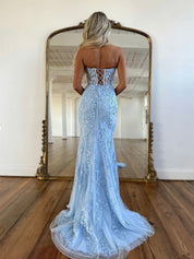 Blue Tulle Lace Mermaid Long Prom Dress, Sweetheart Neck Blue Graduation Dress