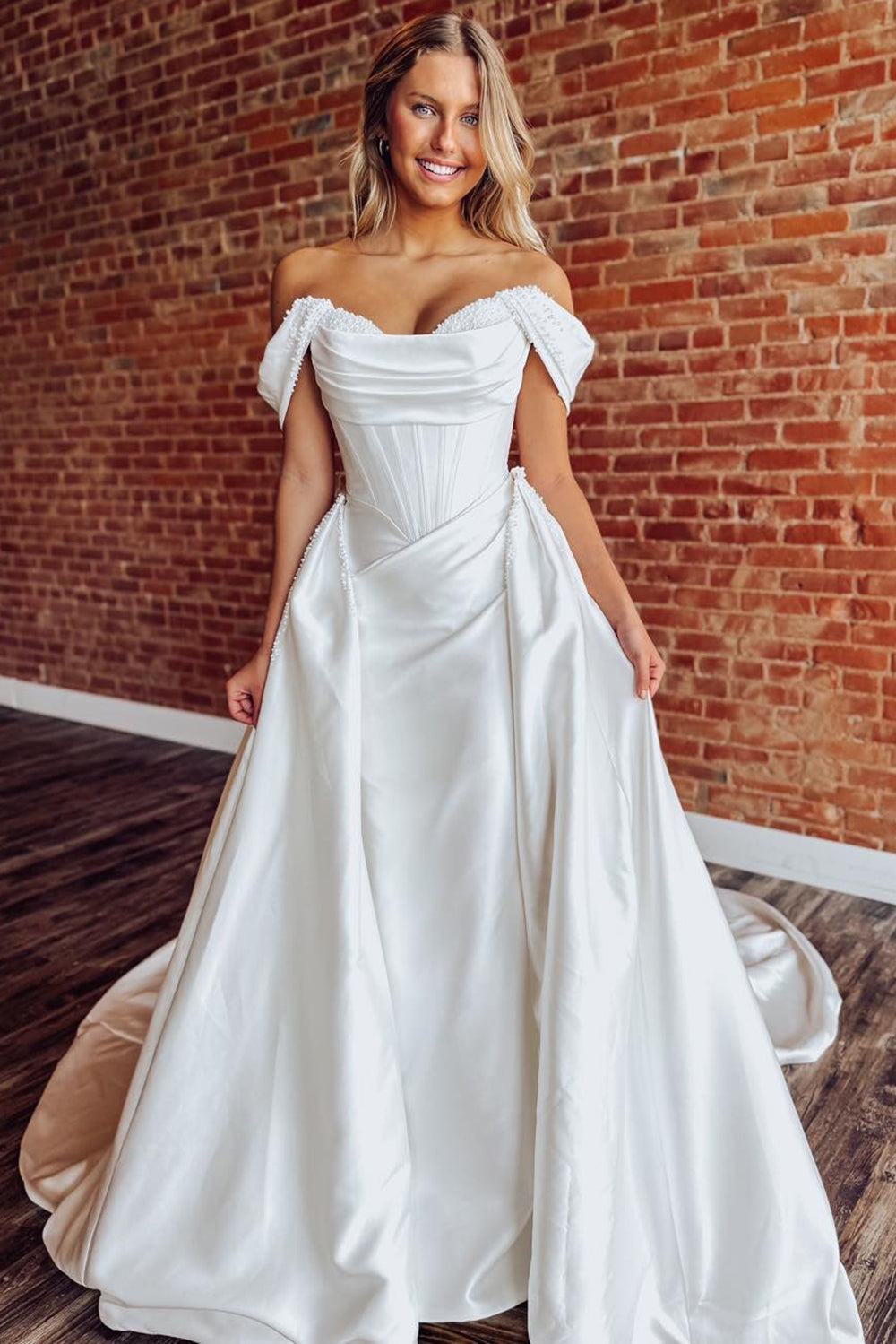 A-Line Off-the-Shoulder Floor-Length Satin Wedding Dress with Corset Bodice