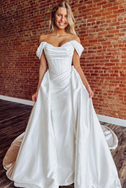 A-Line Off-the-Shoulder Floor-Length Satin Wedding Dress with Corset Bodice