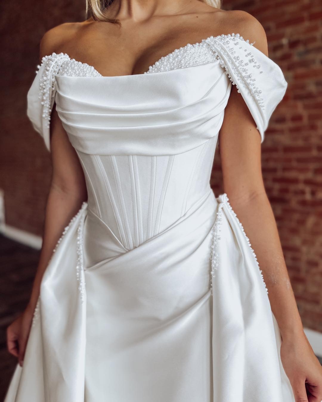 A-Line Off-the-Shoulder Floor-Length Satin Wedding Dress with Corset Bodice