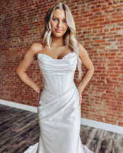 A-Line Off-the-Shoulder Floor-Length Satin Wedding Dress with Corset Bodice