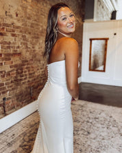 Mermaid Off-the-Shoulder Floor-Length Satin Wedding Dress with Draped Bodice and Train