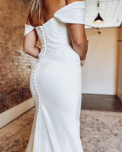 Mermaid Off-the-Shoulder Floor-Length Satin Wedding Dress with Draped Bodice and Train