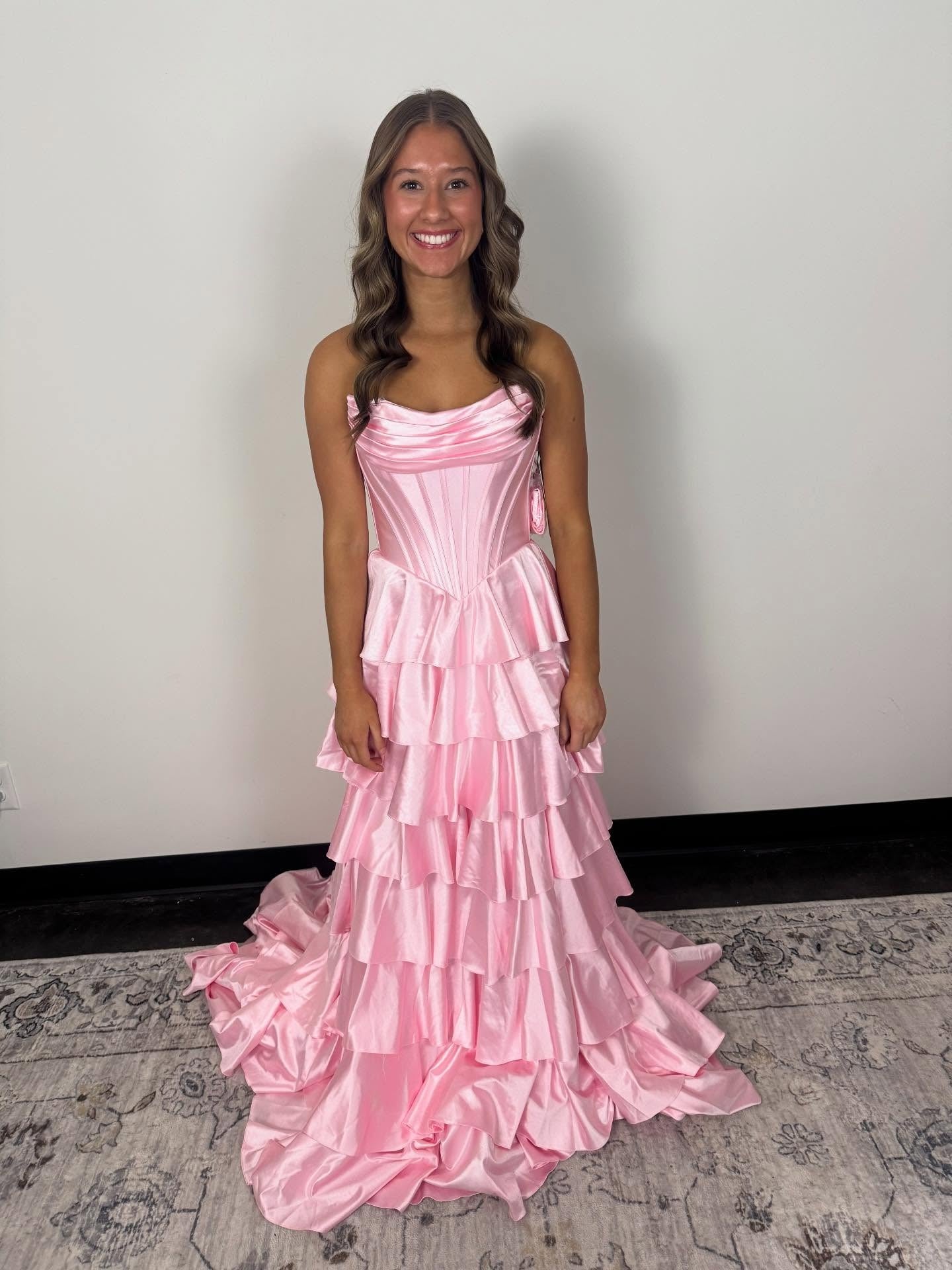 A-Line Draped Neck Floor-Length Satin Pink Tiered Ruffle Prom Dress with Corset Bodice