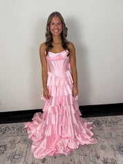 A-Line Draped Neck Floor-Length Satin Pink Tiered Ruffle Prom Dress with Corset Bodice
