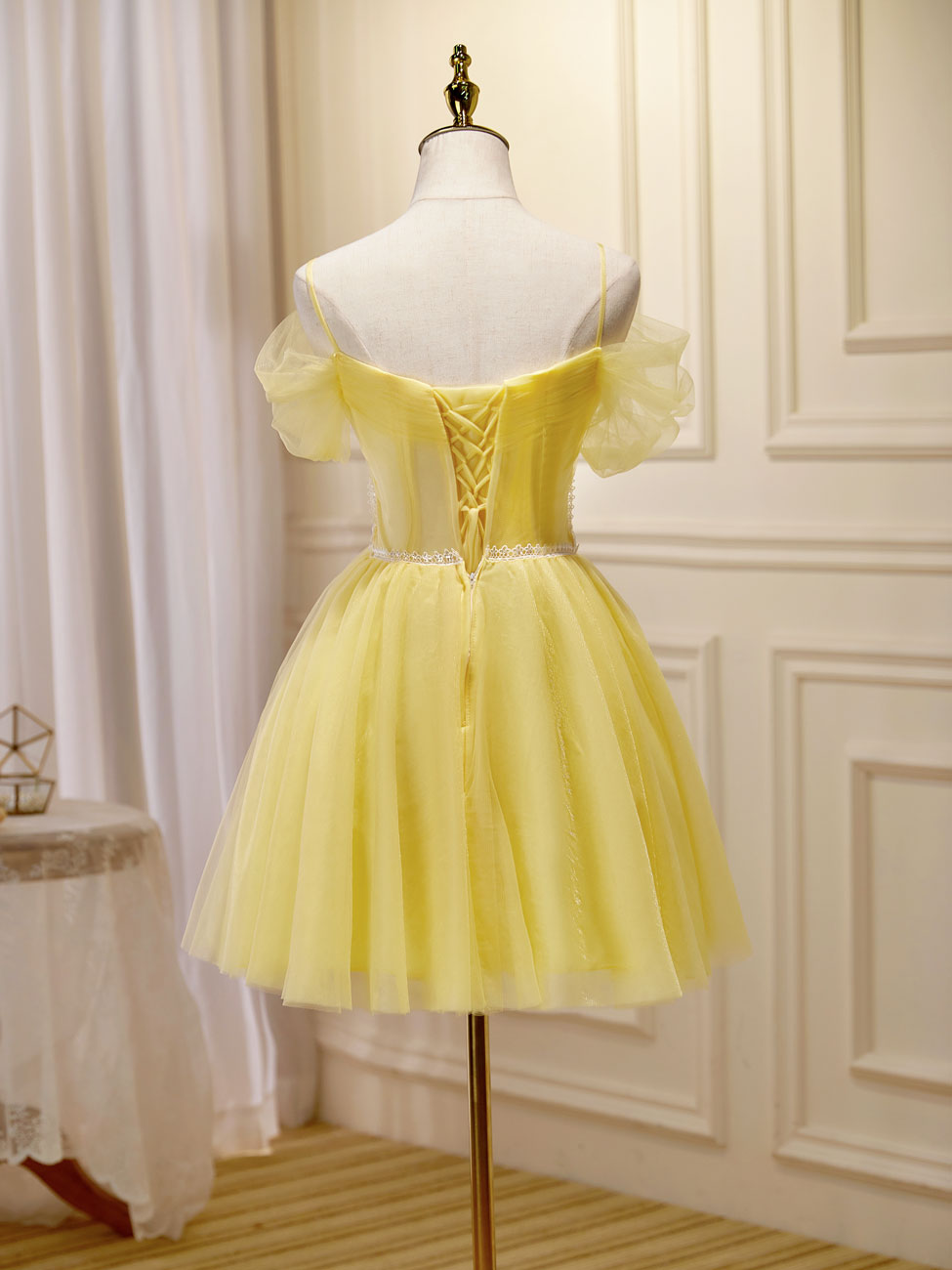 A-Line Sweetheart Mini Yellow Tulle Homecoming Dress with Pearl-Trimmed Corset Bodice