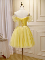 A-Line Sweetheart Mini Yellow Tulle Homecoming Dress with Pearl-Trimmed Corset Bodice