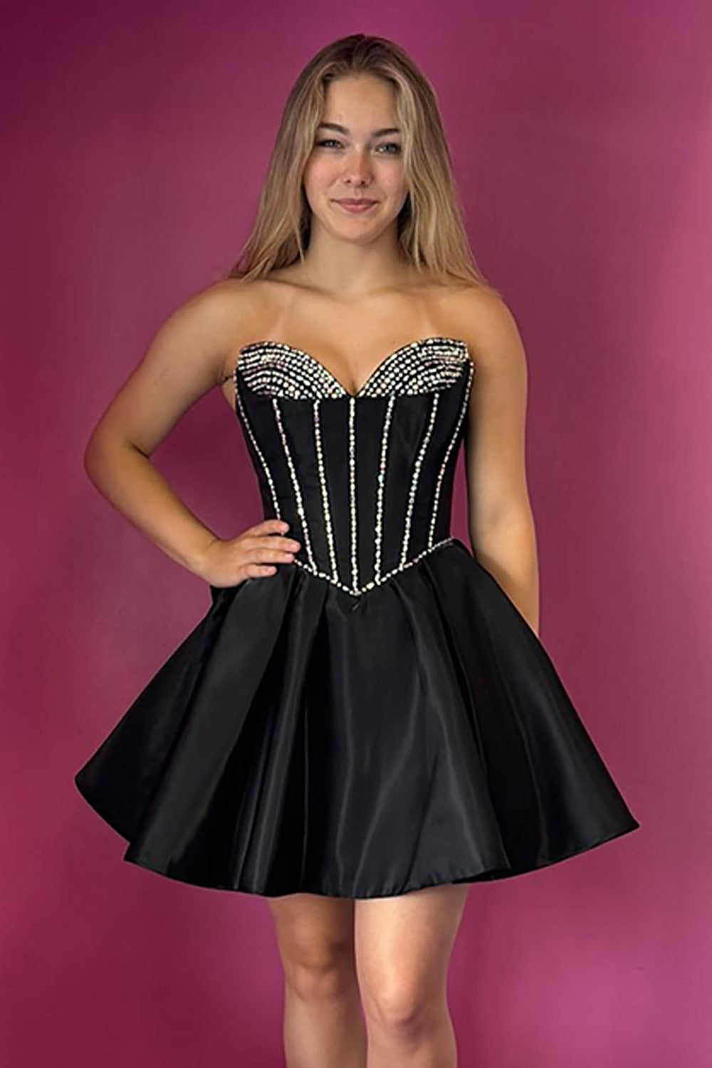 SparklyBlackCorsetALineBeadedShortSatinHomecomingDresswithBow.jpg