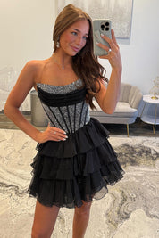 A-Line Straight Neck Short/Mini Black Tulle Homecoming Dress with Beaded Corset Bodice