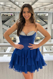 A-Line Sweetheart Neck Short/Mini Royal Blue Tiered Homecoming Dress with Beaded Bodice