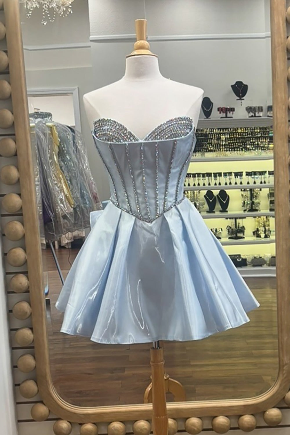 Mini Satin Homecoming Dress with Beaded Corset Bodice