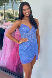 Sheath Sweetheart Short/Mini Beaded Homecoming Dress in Light Blue with Illusion Plunge