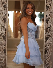 A-Line Sweetheart Neck Short/Mini Light Blue Tulle Homecoming Dress with Lace Corset Bodice