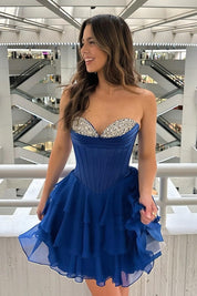 A-Line Sweetheart Neck Short/Mini Royal Blue Tiered Homecoming Dress with Beaded Bodice