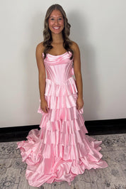 A-Line Draped Neck Floor-Length Satin Pink Tiered Ruffle Prom Dress with Corset Bodice