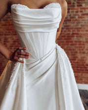 A-Line Off-the-Shoulder Floor-Length Satin Wedding Dress with Corset Bodice