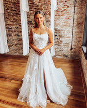 A-Line Scoop Neck Floor-Length Tulle Lace Wedding Dress with Spaghetti Straps and Front Slit