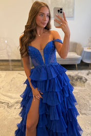 A-Line Off-the-Shoulder Floor-Length Royal Blue Tulle Prom Dress with Tiered Ruffle Skirt