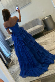 A-Line Off-the-Shoulder Floor-Length Royal Blue Tulle Prom Dress with Tiered Ruffle Skirt