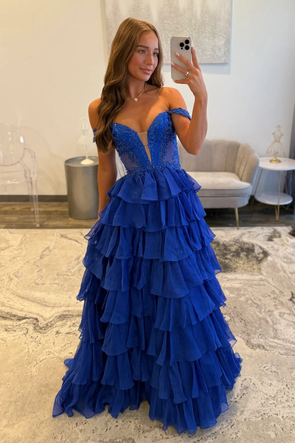 A-Line Off-the-Shoulder Floor-Length Royal Blue Tulle Prom Dress with Tiered Ruffle Skirt
