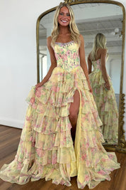 A-Line Strapless Sweetheart Floor-Length Chiffon Prom Dress with Floral Print Tiered Ruffles