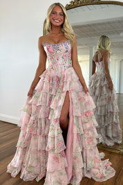 A-Line Sweetheart Neck Floor-Length Chiffon Prom Dress in Blush Pink with Floral Print and Tiered Ruffles