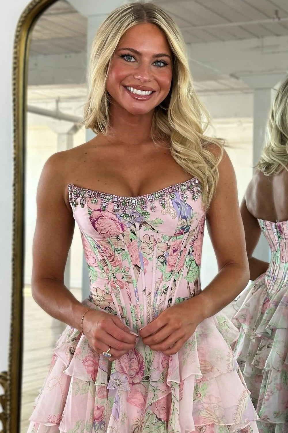 A-Line Sweetheart Neck Floor-Length Chiffon Prom Dress in Blush Pink with Floral Print and Tiered Ruffles