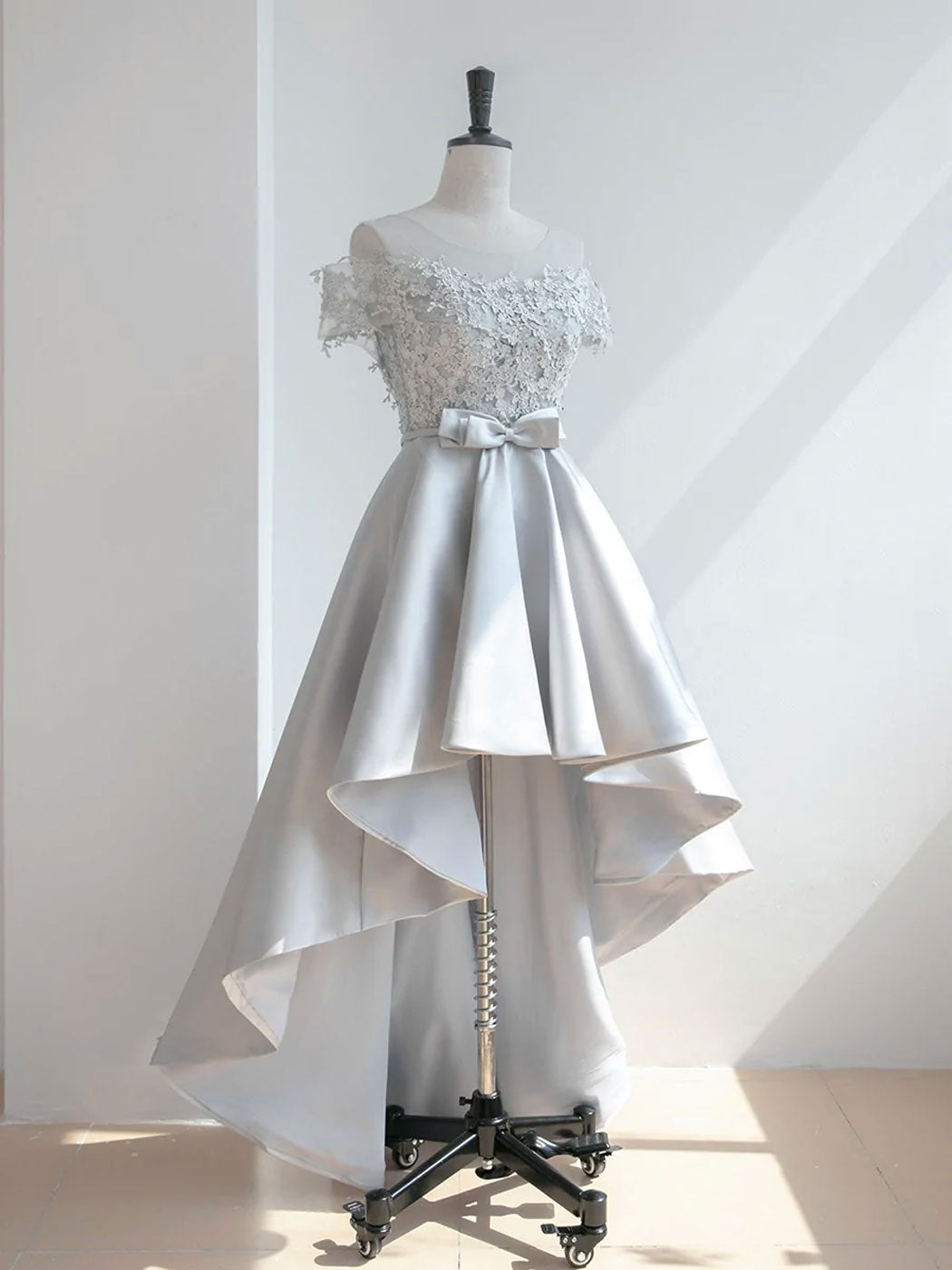 A-Line Scoop Neckline Lace Gray Prom Dress