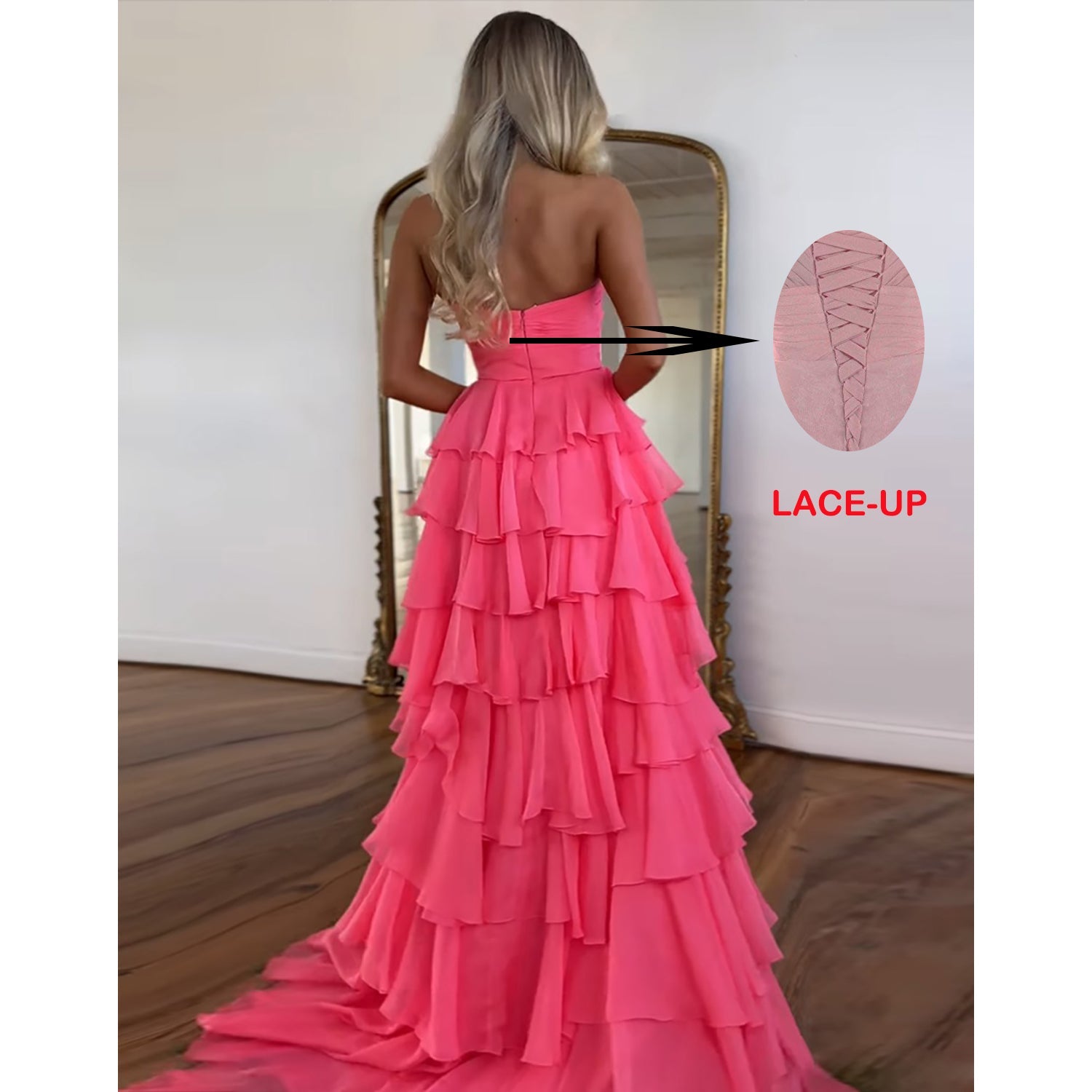 A-Line Sweetheart Neck Floor-Length Chiffon Pink Prom Dress with Rosette Bodice and Tiered Ruffles