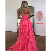 A-Line Sweetheart Neck Floor-Length Chiffon Pink Prom Dress with Rosette Bodice and Tiered Ruffles