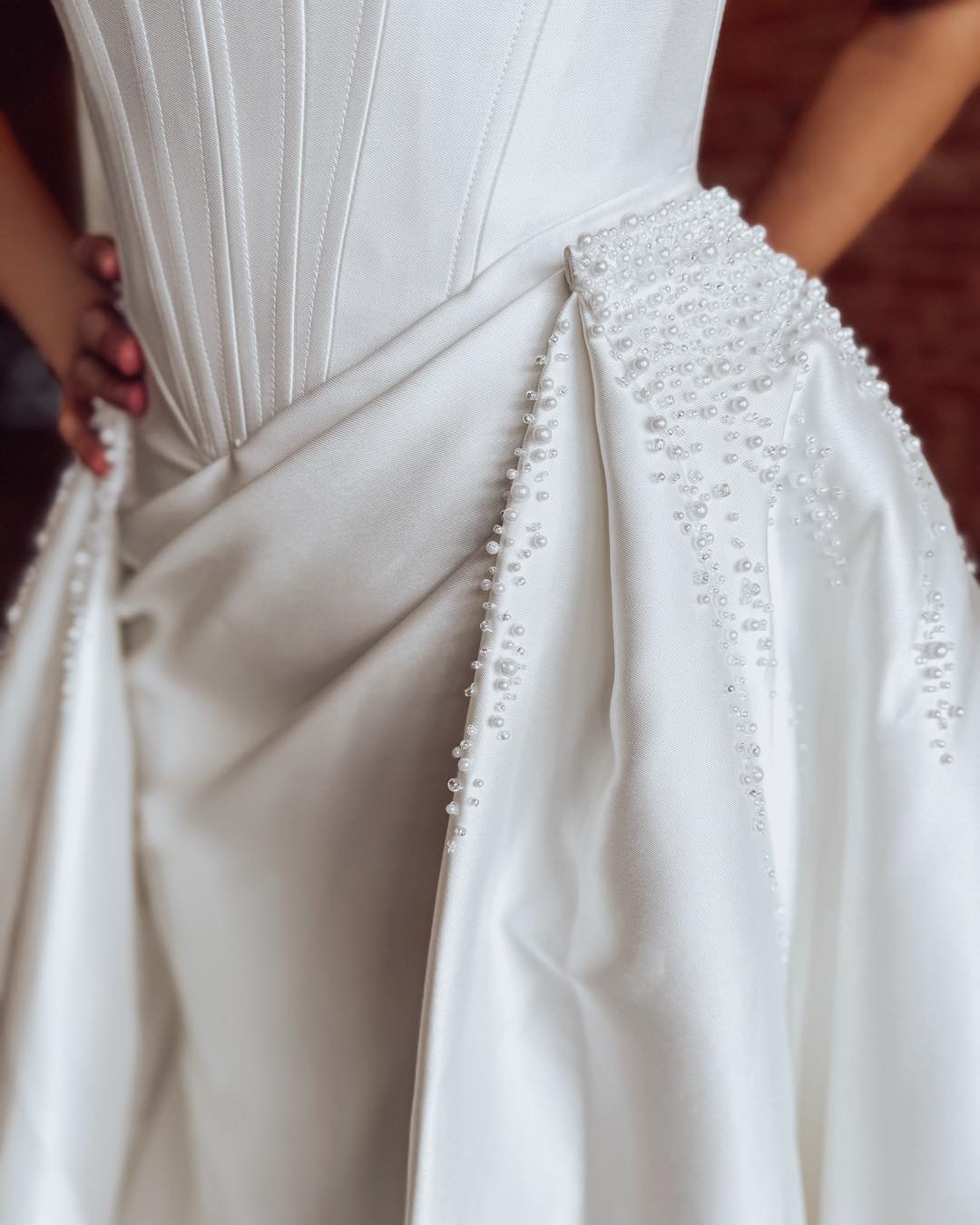 A-Line Off-the-Shoulder Floor-Length Satin Wedding Dress with Corset Bodice