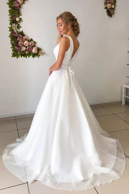 A-line Attractive V-neck Simple Wedding Dress Rustic Wedding Gown