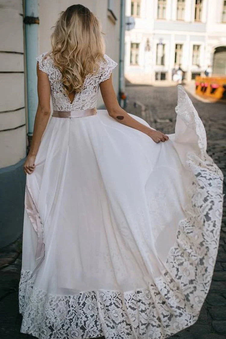 A Line Bateau Chiffon and Lace Floor-length Short Sleeve Wedding Dress with Ribbon