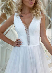 A Line Bohemian Long Tulle Simple Wedding Dress V Neck - KissProm