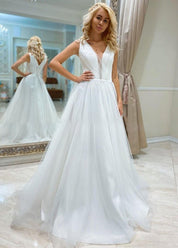 A Line Bohemian Long Tulle Simple Wedding Dress V Neck - KissProm