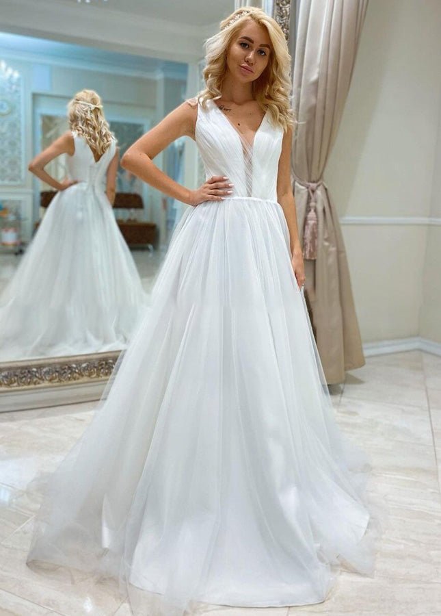 A Line Bohemian Long Tulle Simple Wedding Dress V Neck - KissProm